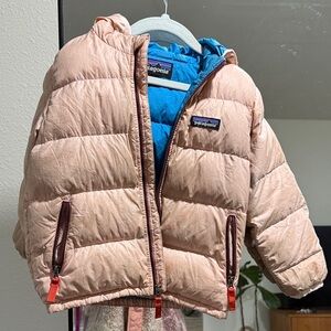 Patagonia Light Pink Puffer Coat with Blue Lining